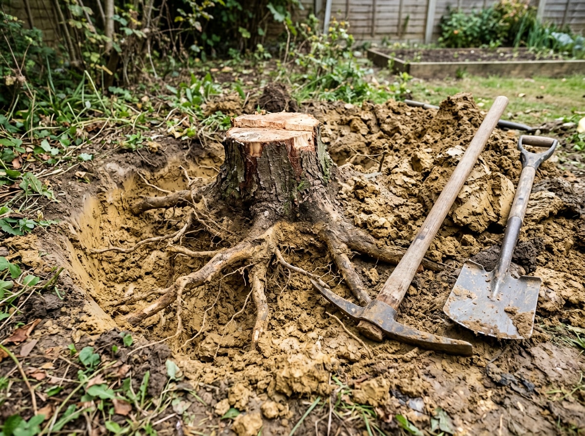 Photo of a small tree stump partially excavated with a trench dug around its base