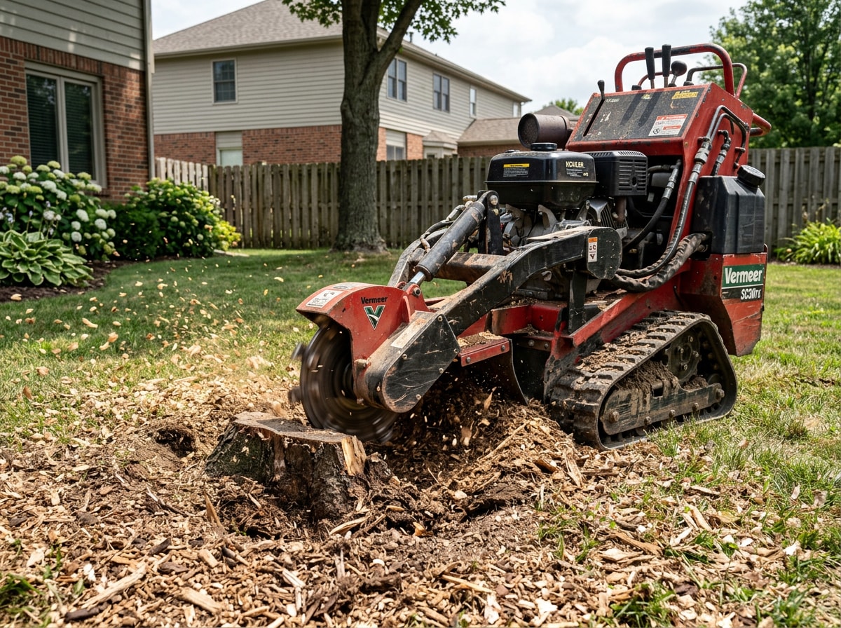 Stump grinder in operation removing a small tree stump down below ground level