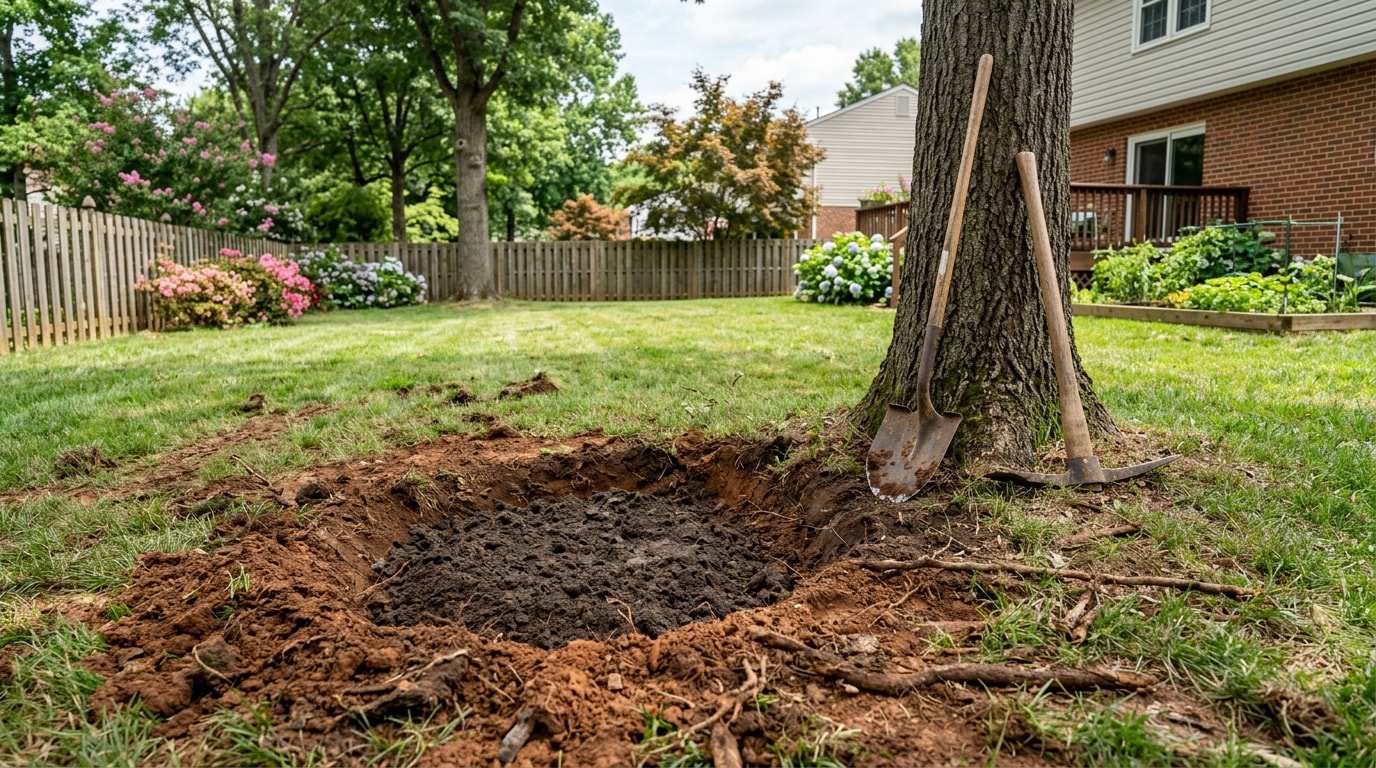 Freshly removed small tree stump site in a Fairfax County, VA backyard Freshly removed small tree stump site in a Fairfax County, VA backyard