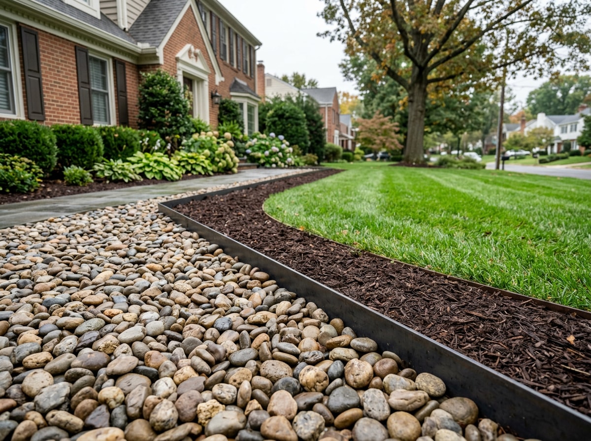 Finished river rock landscaping bed with stone border in an Arlington, VA front yard