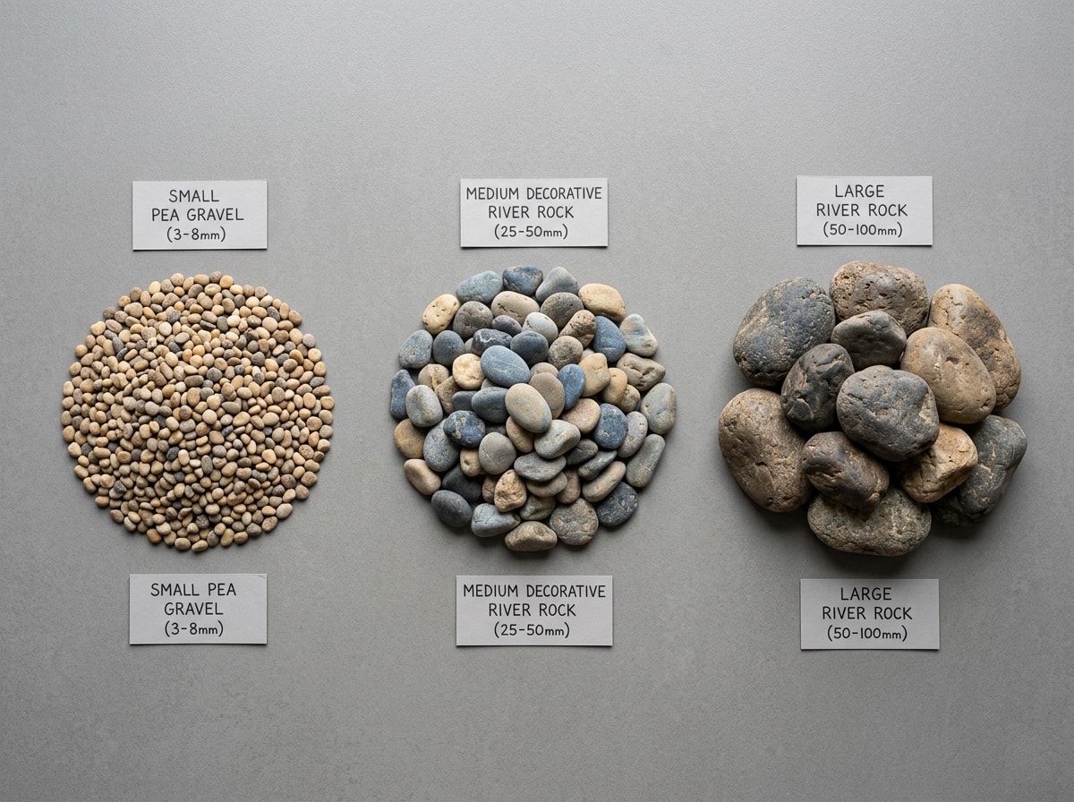 Side-by-side comparison of pea gravel, small river rock, and large river rock sizes