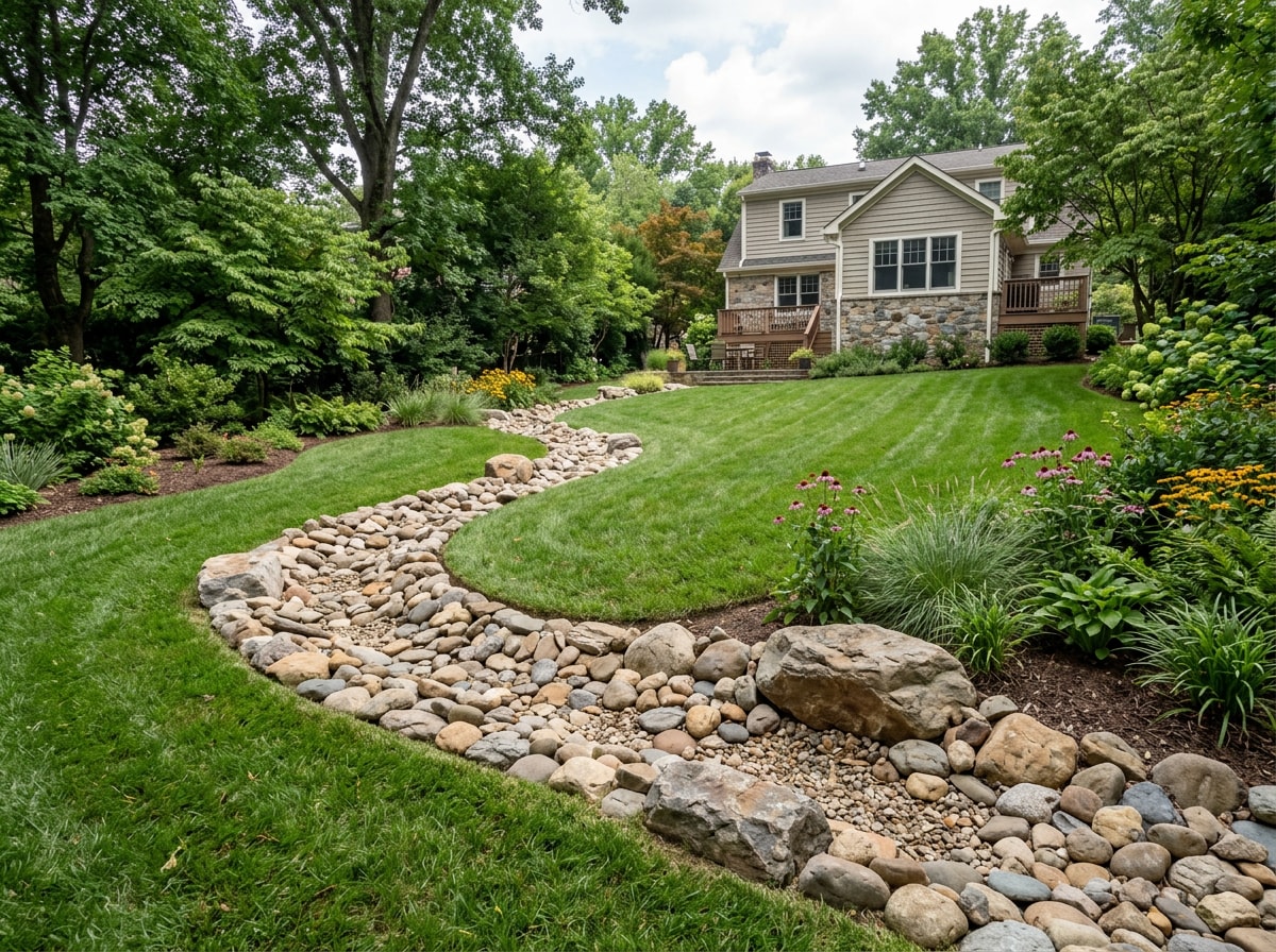 Dry creek bed and drainage swale lined with river rock in a residential Arlington yard