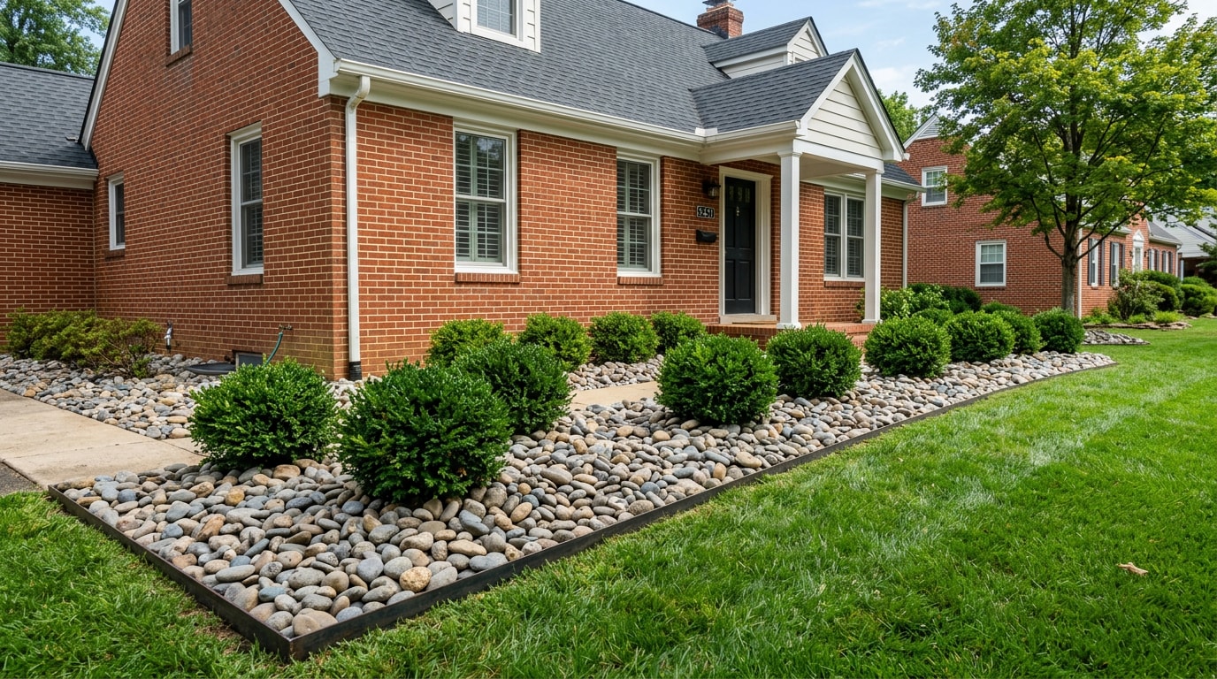 Finished river rock landscaping bed along a home foundation in Arlington, VA