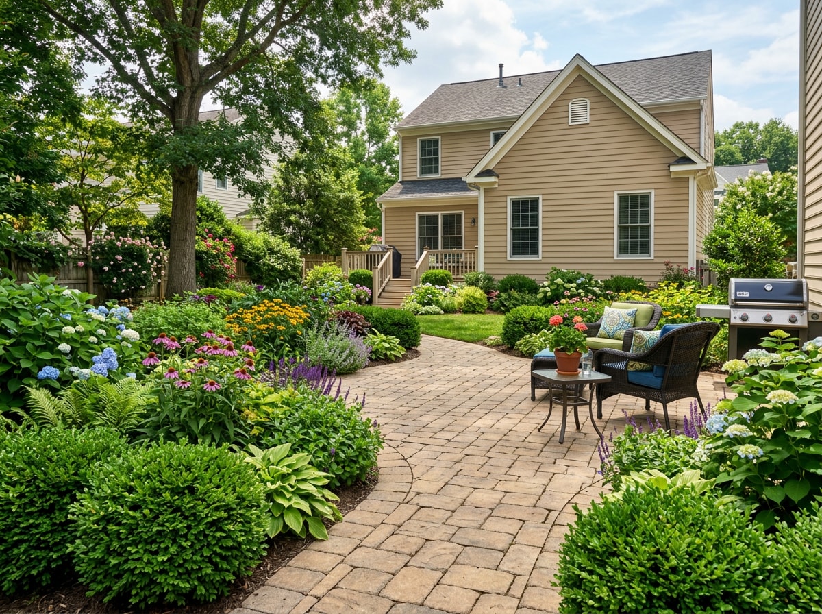 Fairfax VA backyard with paver patio and layered plantings
