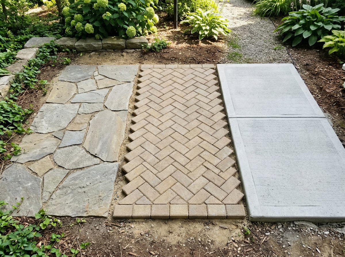Side-by-side comparison of flagstone, paver, and concrete patio materials