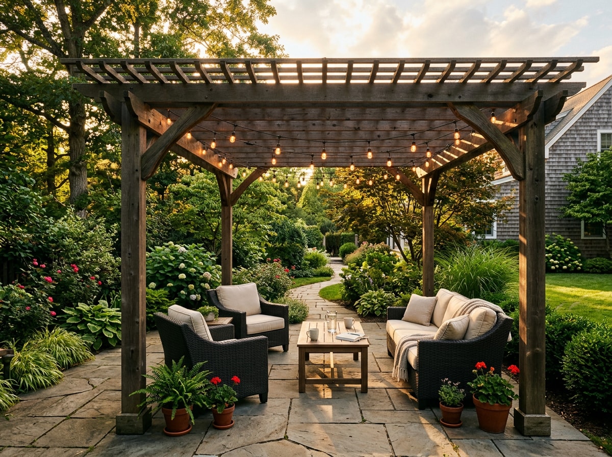 Wooden pergola shading a backyard patio seating area