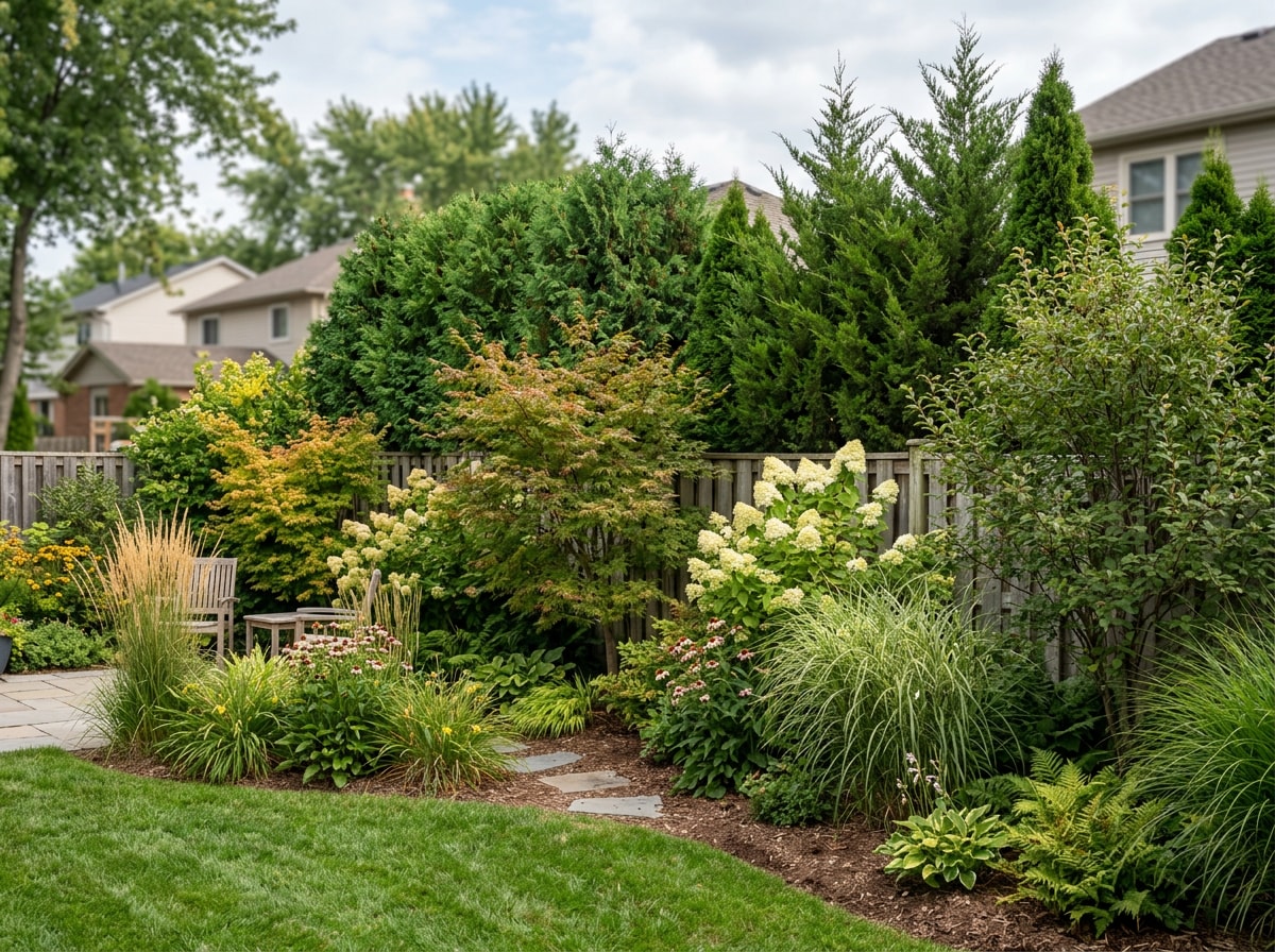 Layered privacy hedges and trees along a suburban Fairfax backyard fence line