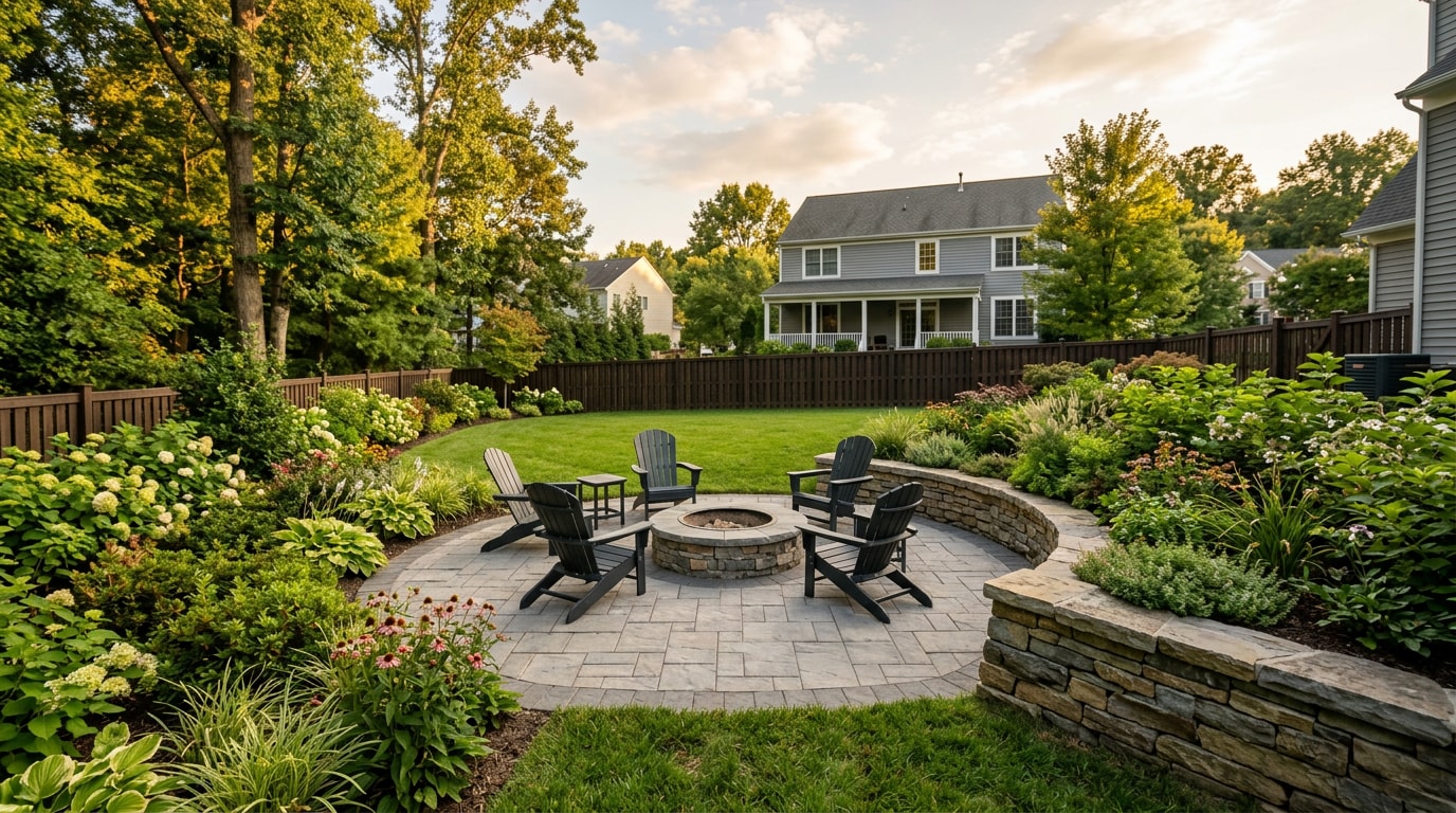 Finished backyard landscaping project in Fairfax, VA with paver patio, fire pit, and layered plantings