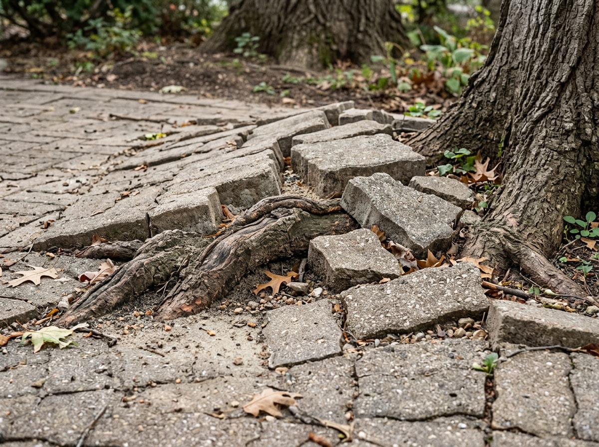 Paver patio showing root heave damage near a mature tree in an Alexandria, VA backyard