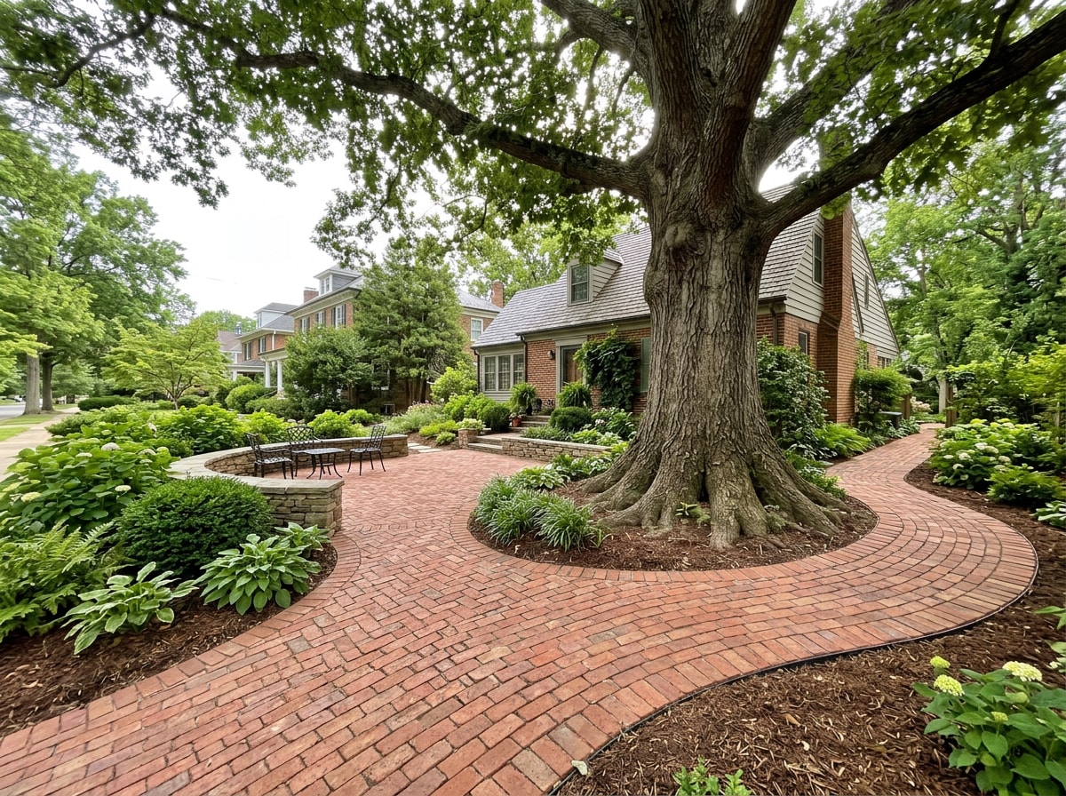 Newly installed brick walkway and patio built around a mature tree's root zone in Alexandria, VA