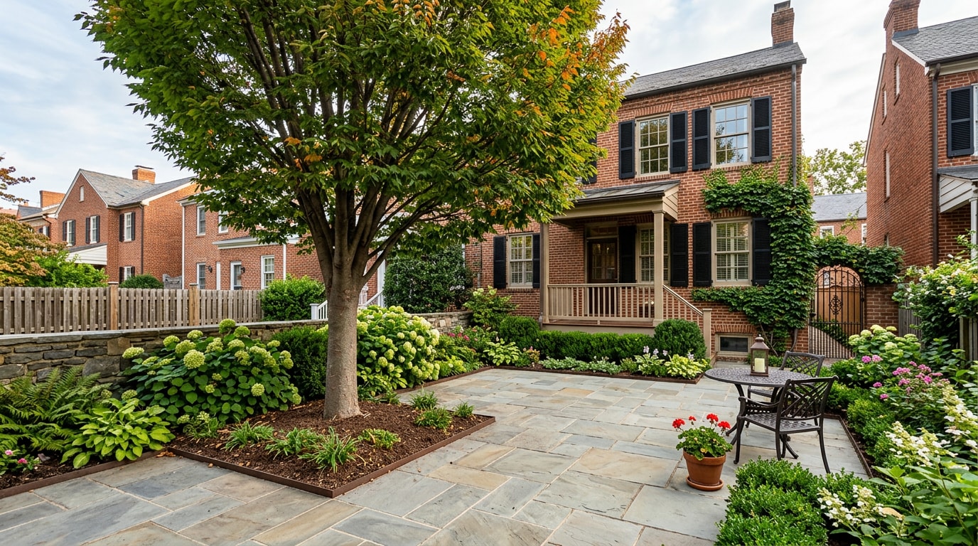 Well-pruned mature tree beside a paver patio in an Alexandria, VA backyard Well-pruned mature tree beside a paver patio in an Alexandria, VA backyard