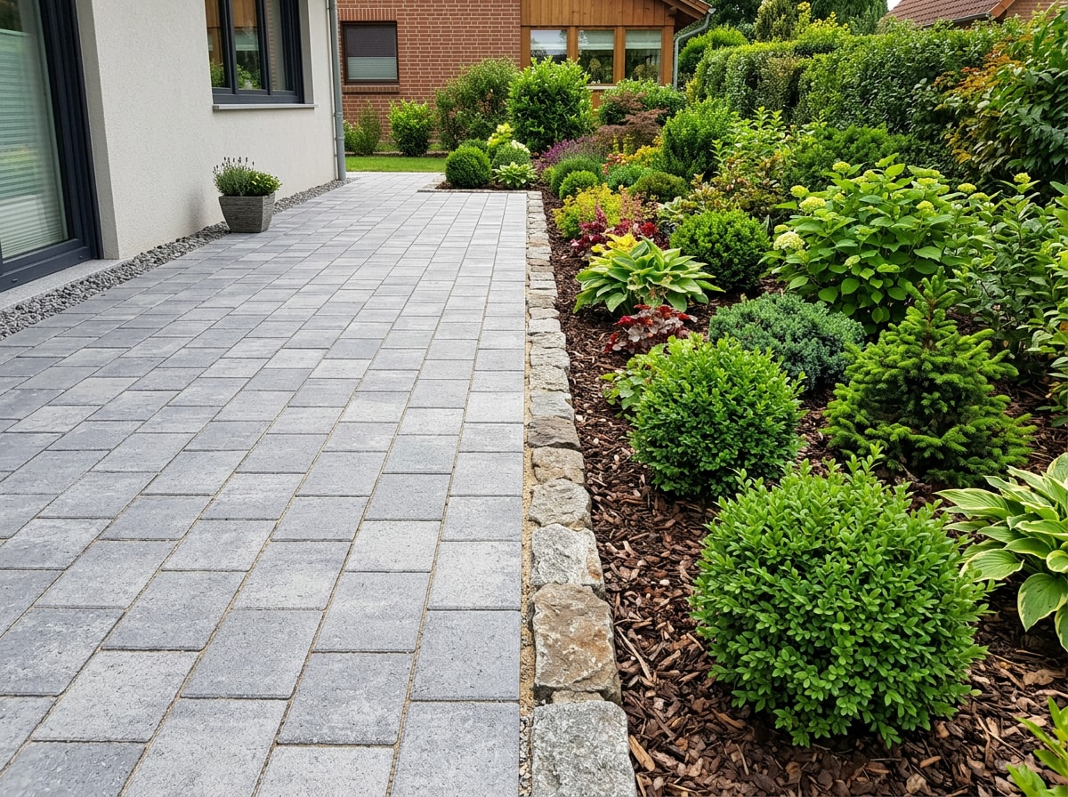 Side-by-side comparison of a stone patio hardscape feature next to a planted softscape garden bed