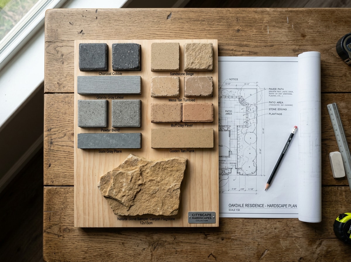 Hardscape design rendering and material sample board showing paver and stone options