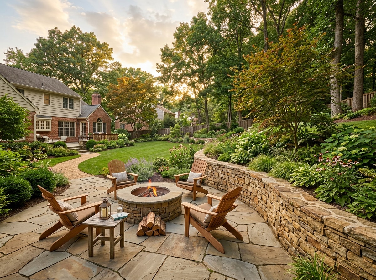Finished stone patio and retaining wall combination in a Fairfax, VA backyard