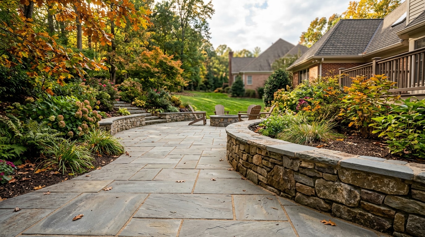 Finished stone patio and retaining wall in a Fairfax, VA backyard Finished stone patio and retaining wall in a Fairfax, VA backyard
