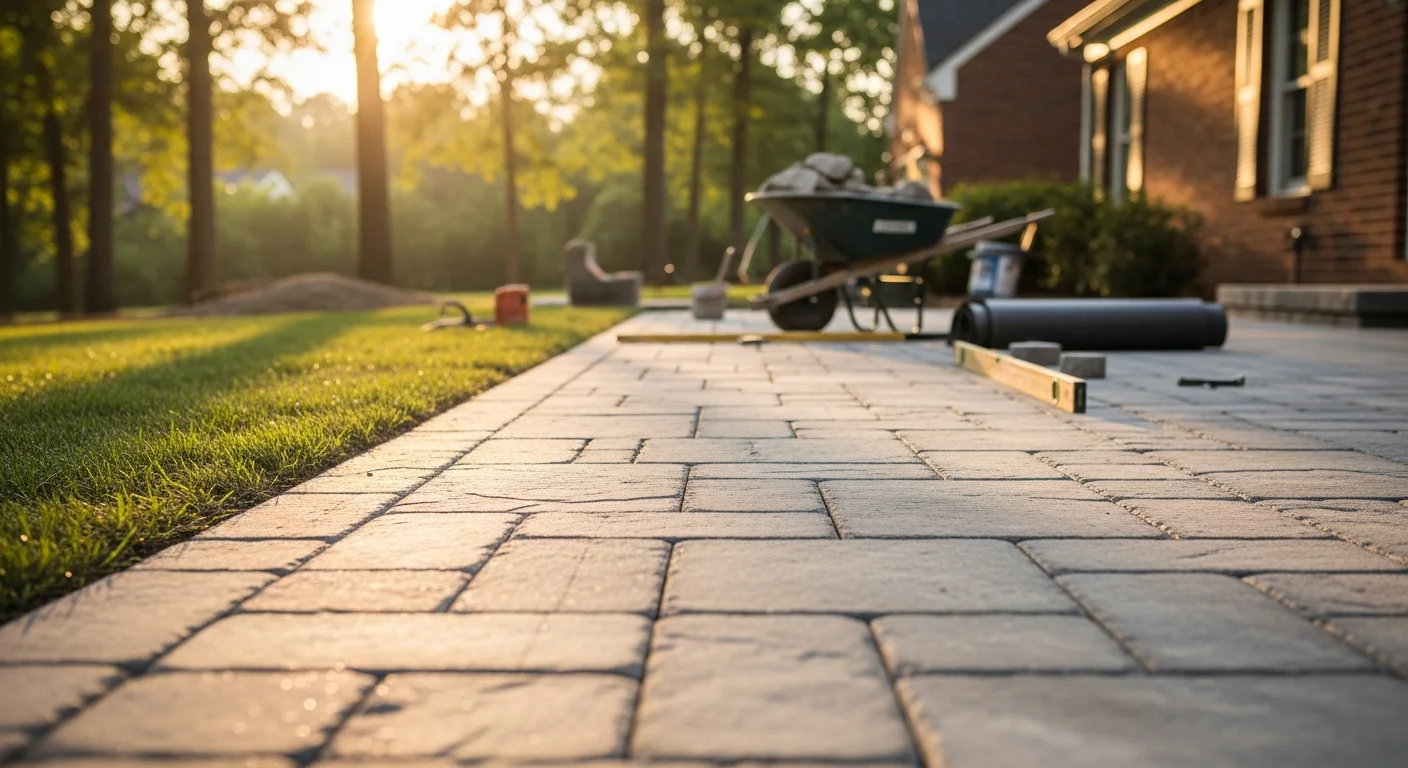 Professional hardscape installation with stone pavers and retaining walls