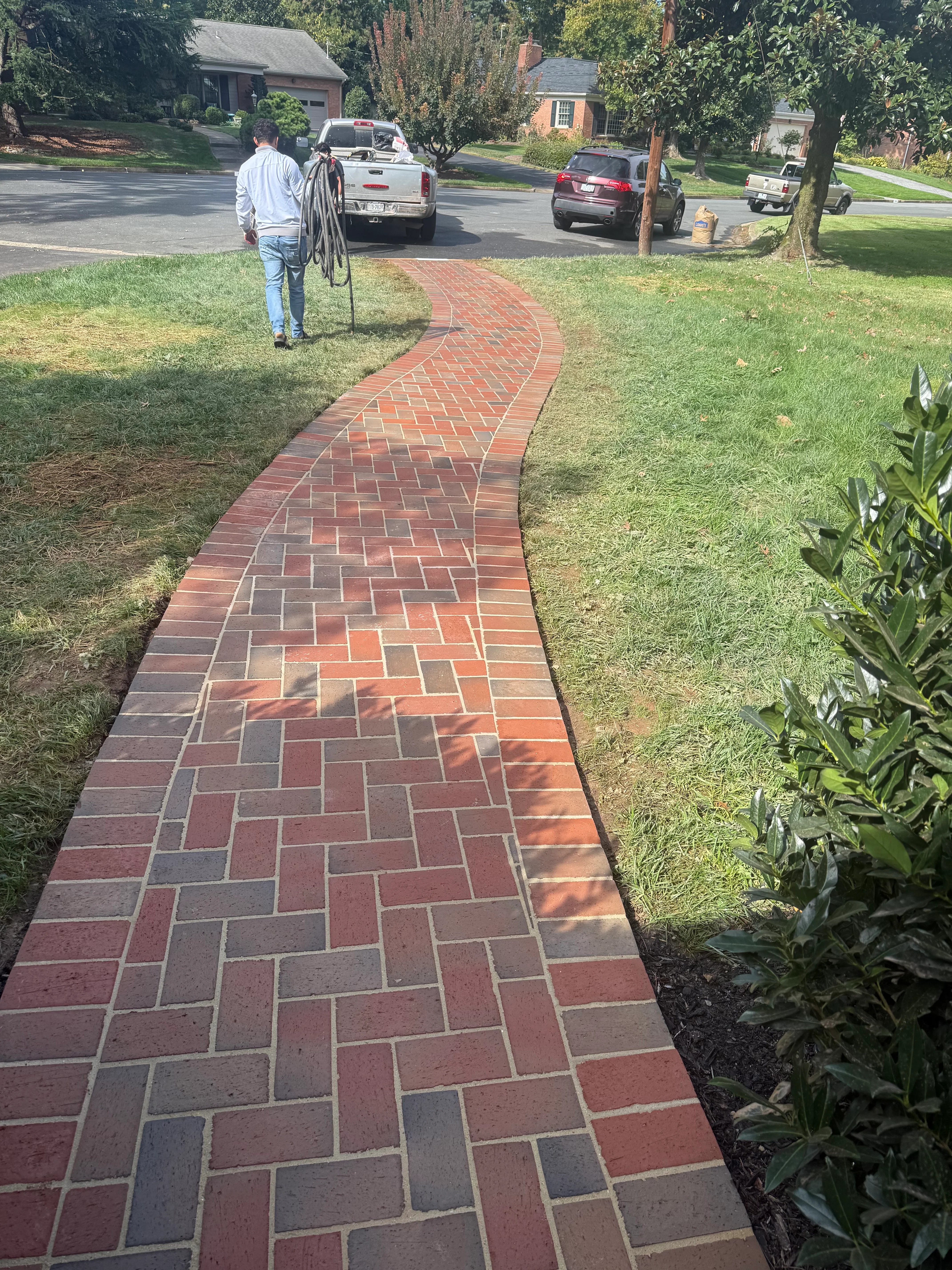 Red and charcoal herringbone brick walkway curving through residential yard with mature trees