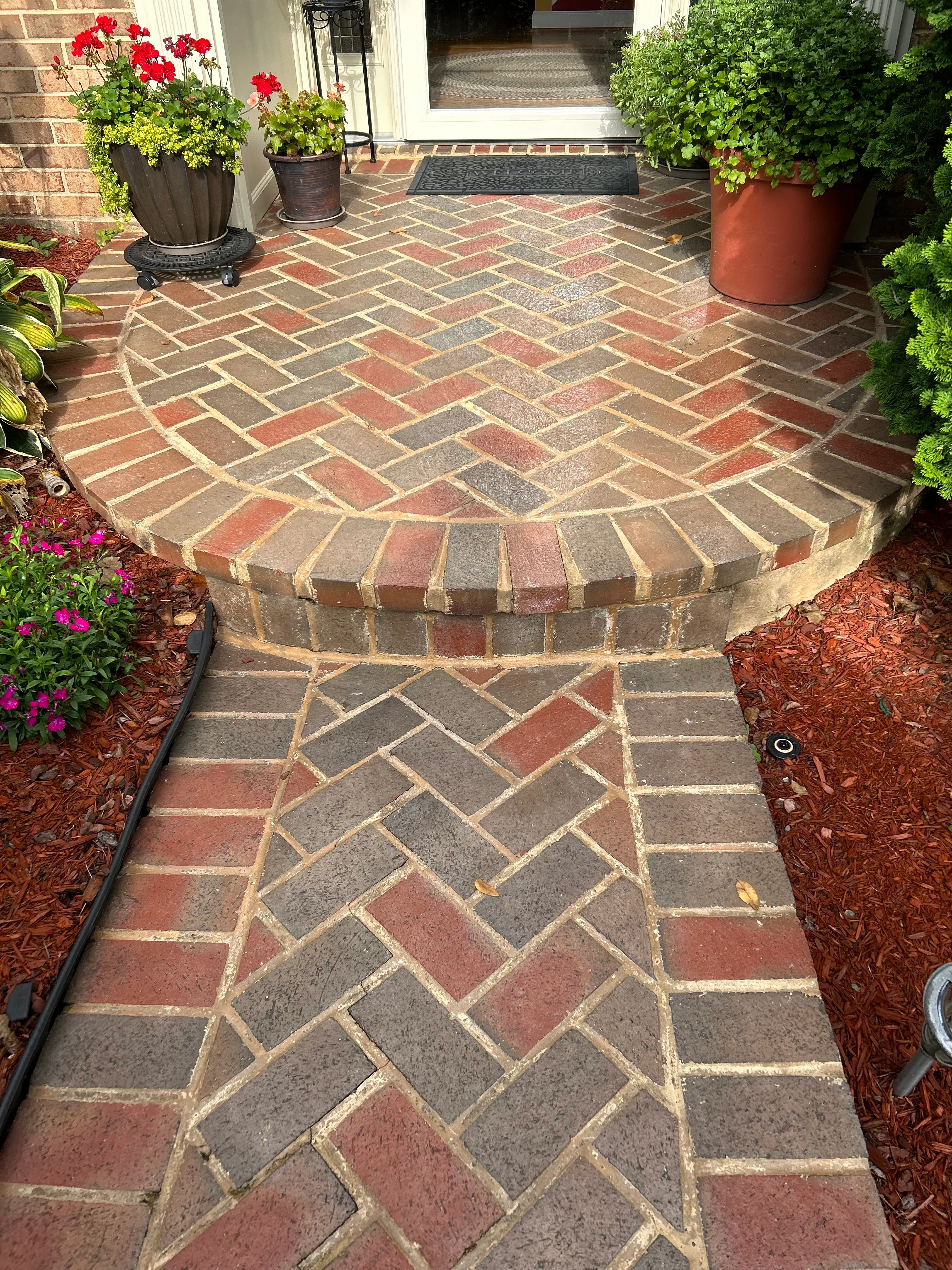 Herringbone brick patio with curved border and mixed color pattern in front entrance