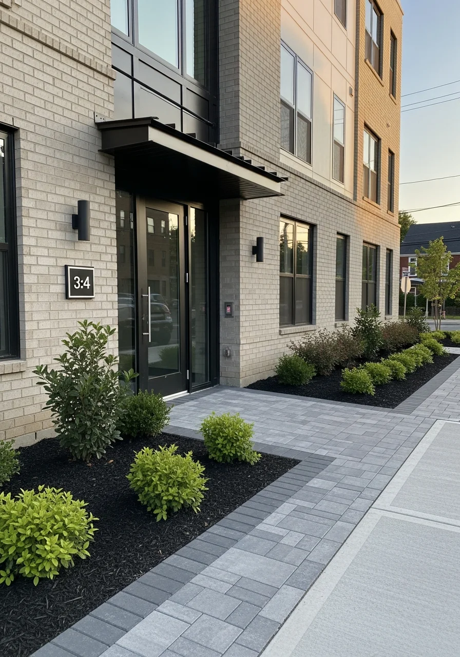 Arlington condo building entrance with modern landscaping and professional exterior finish.