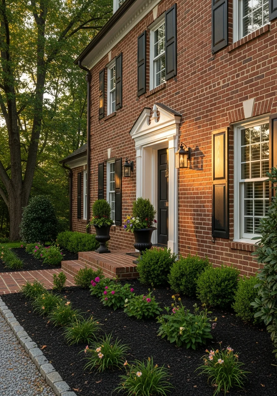 Close-up of a Fairfax home's front entrance with traditional landscaping and brick exterior.