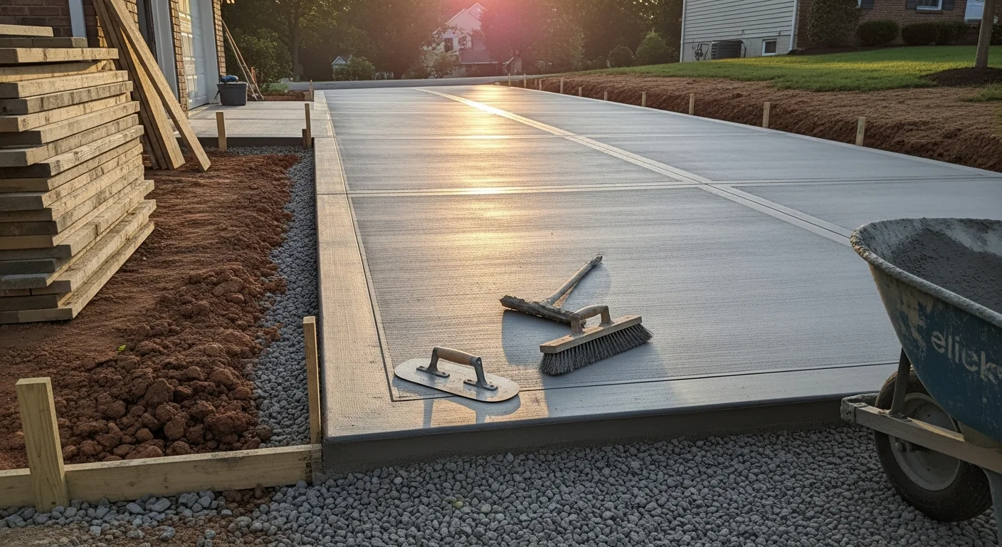 Newly installed broom-finish concrete driveway at a single-family home in Fairfax, Virginia, with clean edges, visible expansion joints, and a smooth surface leading to a two-car garage. The surrounding lawn and residential street are visible in the background.