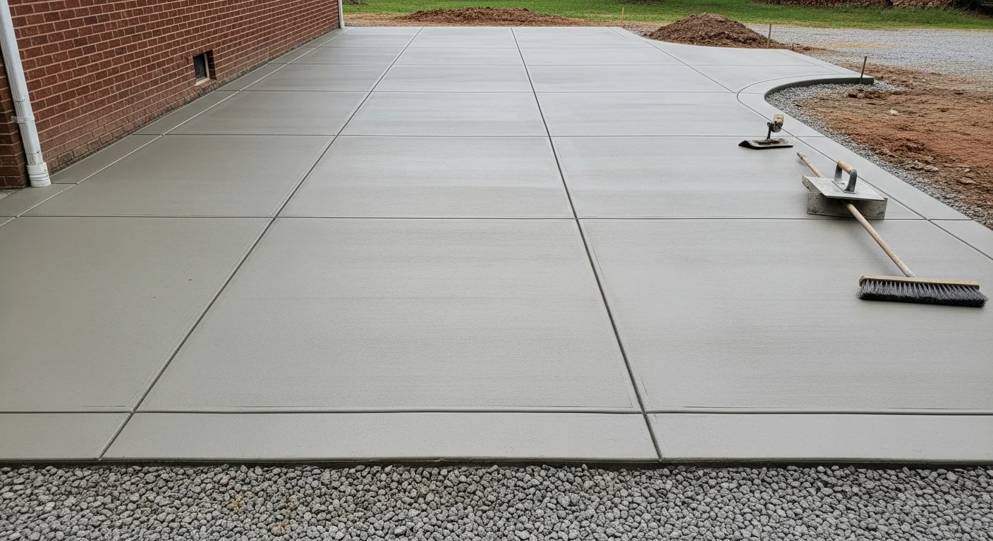 A freshly finished concrete patio slab with a smooth broom-brushed surface outside a residential home in Fairfax, Virginia. The surface shows clean edges, uniform texture, and visible control joints running across the slab.