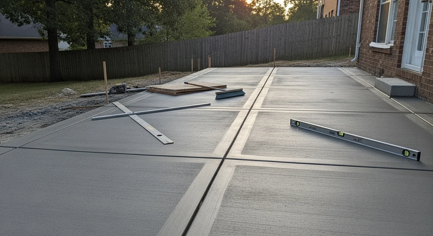 Freshly installed broom-finish concrete patio in a Fairfax, VA backyard with clean edges and a graded surface sloping away from the home. The slab is sized for outdoor dining furniture and connects directly to the rear door of a single-family home.