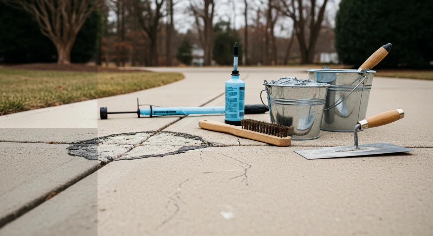 Repaired concrete driveway at a Fairfax residential property showing a smooth, crack-free surface after patch work. Close-up view of filled and finished concrete cracks on a residential patio slab in Fairfax, Virginia.