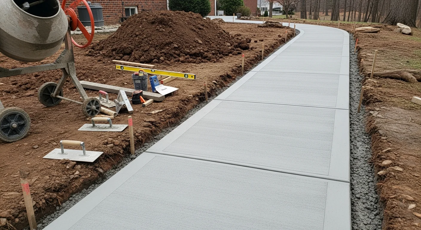 Newly installed concrete walkway leading to the front entry of a Fairfax, Virginia home, showing a broom-finished surface with clean formed edges and proper slope away from the foundation. The path connects the driveway to the front door across a residential lawn in a Northern Virginia neighborhood.