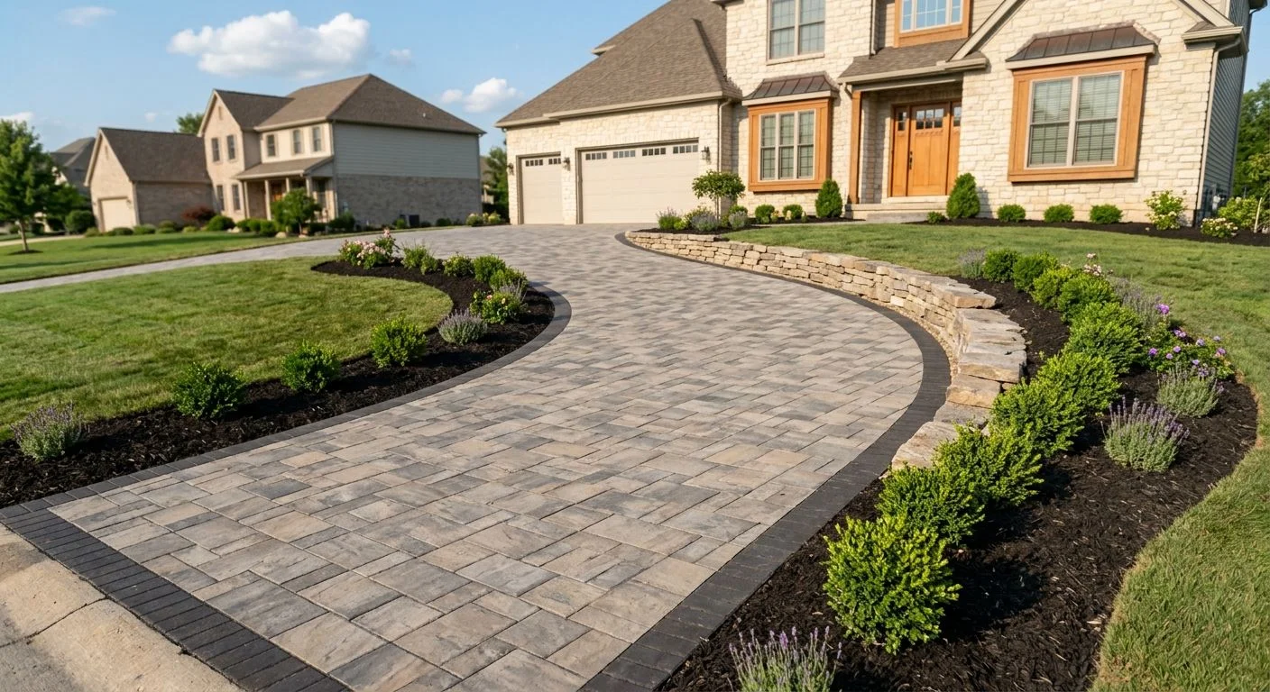 Paver driveway installation in Northern Virginia — newly installed brick paver driveway at a residential property showing clean edge detailing and proper grading.