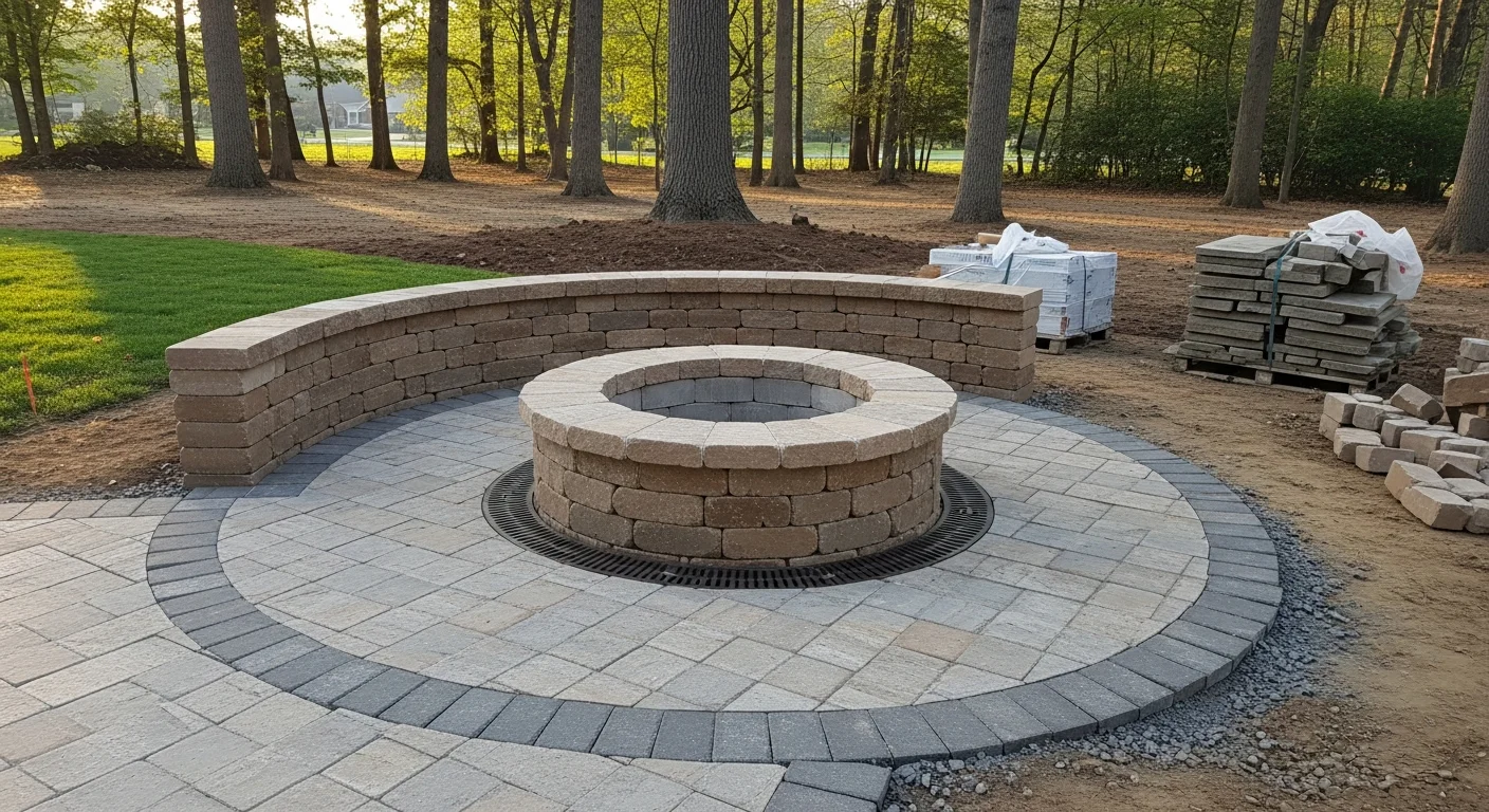 Custom fire pit installation in Northern Virginia — built-in stone fire pit surrounded by paver patio and seating area at a residential property.