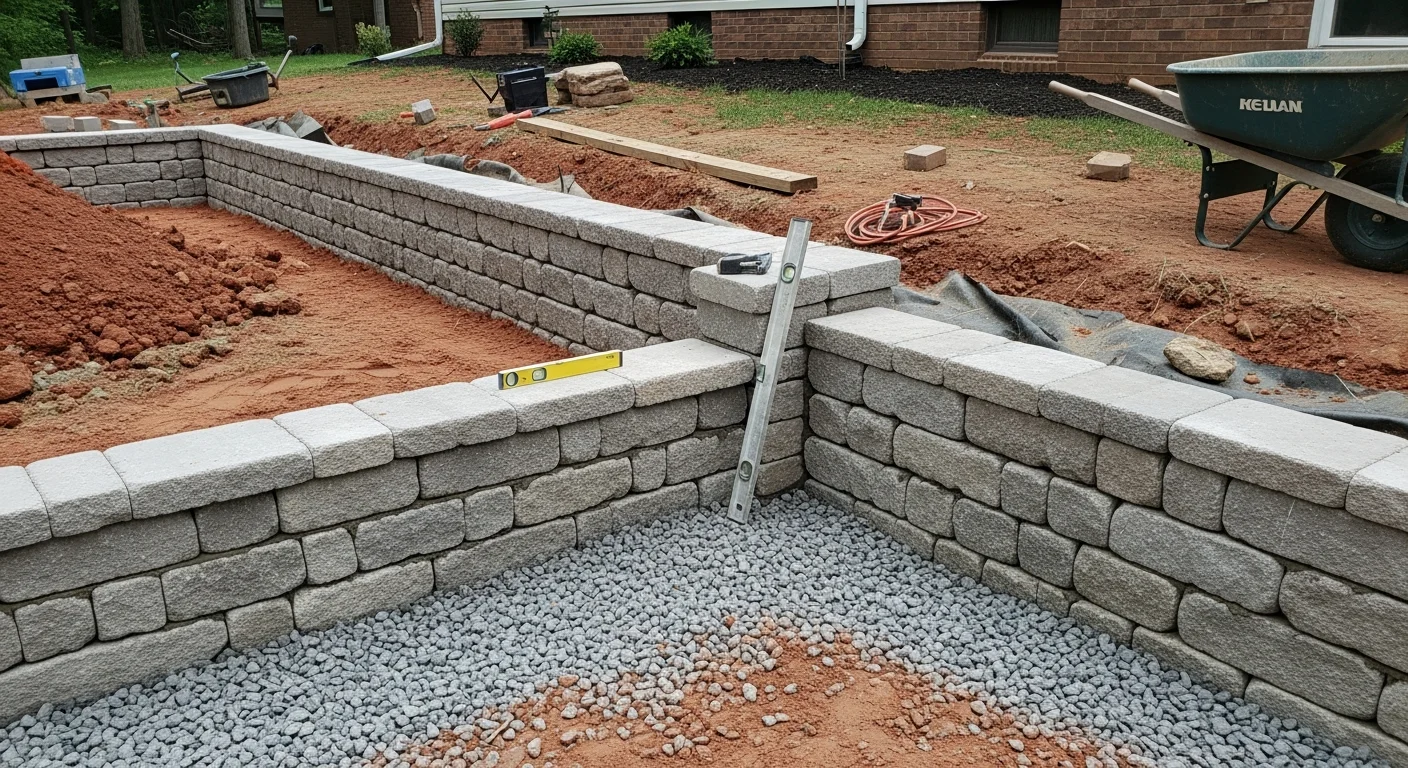 A finished masonry garden wall along the edge of a sloped residential backyard in Fairfax, Virginia, with defined planting beds and clean mortar joints. The wall runs parallel to a lawn area and shows tight stone coursework typical of professional hardscape installation in Northern Virginia.