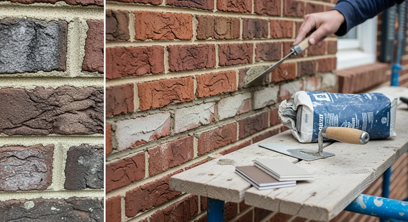 Close-up of a Fairfax home's brick exterior after mortar repointing, showing clean, uniform joints between aged red brick. A repaired stone retaining wall runs along the property edge with consistent mortar lines and no visible cracking.