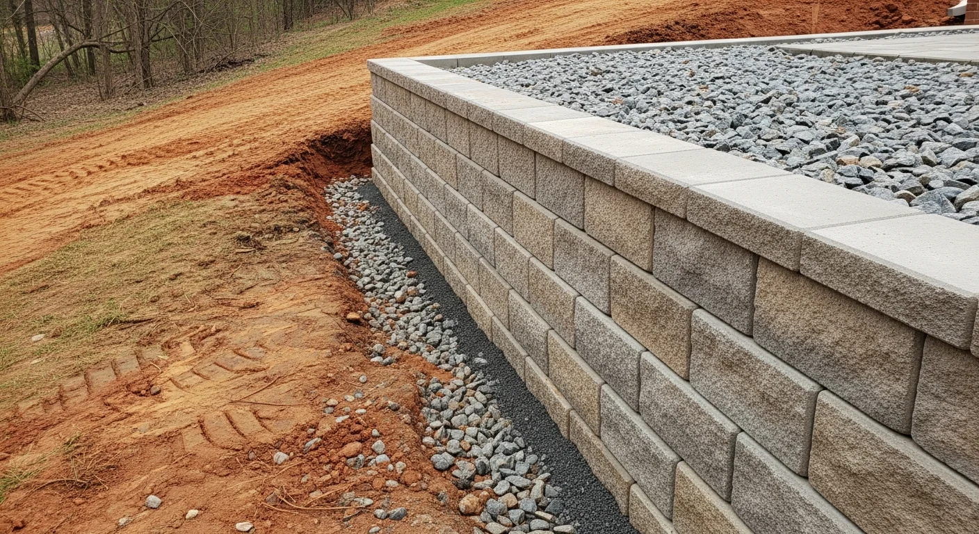 Retaining wall installation in Arlington VA — large concrete block retaining wall on a sloped residential property in Northern Virginia.