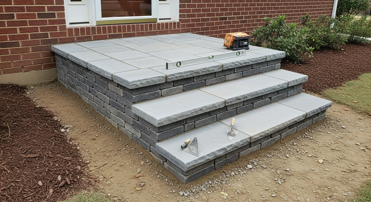 Newly installed masonry front stoop and steps at a Fairfax, VA home, showing clean tread edges, tight mortar joints, and a level landing at the front door. The stonework ties into an existing brick facade on a residential property in Northern Virginia.